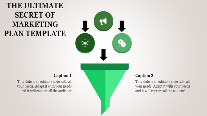 Marketing plan PowerPoint template with a green funnel design and icons representing communication, networking, and strategy.