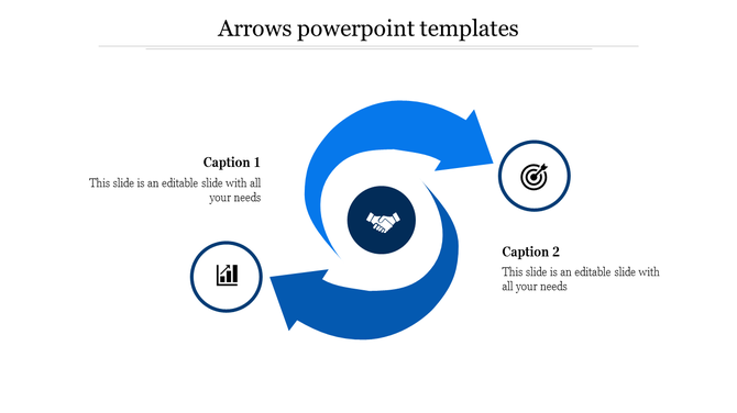 Blue circular arrow PPT slide with icons for growth and goals, connected by a central handshake symbol with captions.