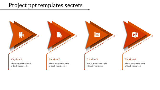 Project themed PowerPoint slide with four orange triangular designs, each showcasing an icon and caption below.