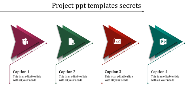 Four arrow shapes in maroon, green, red, and teal, each featuring an icon and a caption below.
