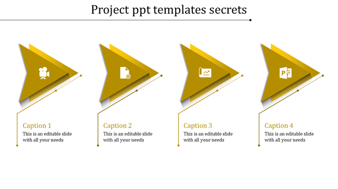 Yellow slide with four triangular shapes arranged in a row, each featuring white icons and captions below.