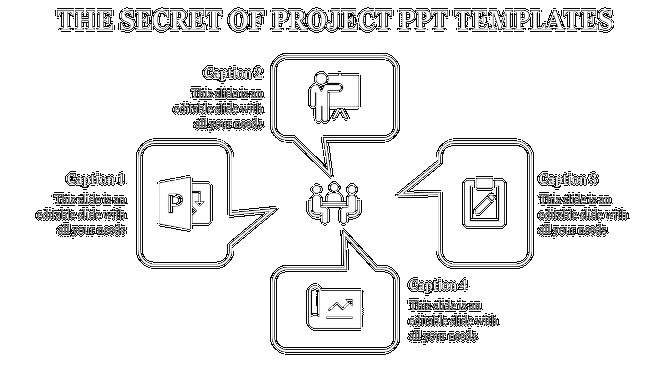 Black background with four white outlined speech bubbles connected to a central meeting icon, each with captions.