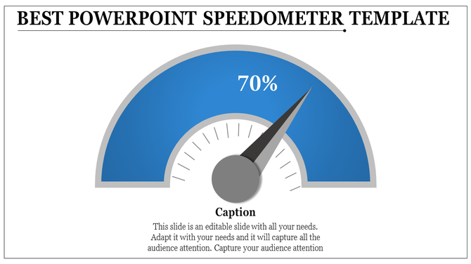 Speedometer template with a needle pointing at 70%, featuring a section in a whote backdrop for a caption areas.