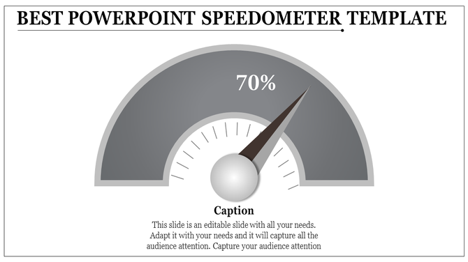 Speedometer PowerPoint template with a sleek gray design showing a 70 percent reading and a caption section below.