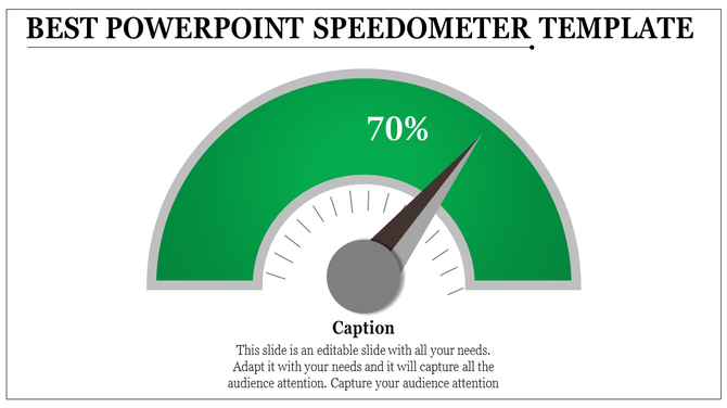 Speedometer design slide with a needle pointing to 70 percent and a caption section.
