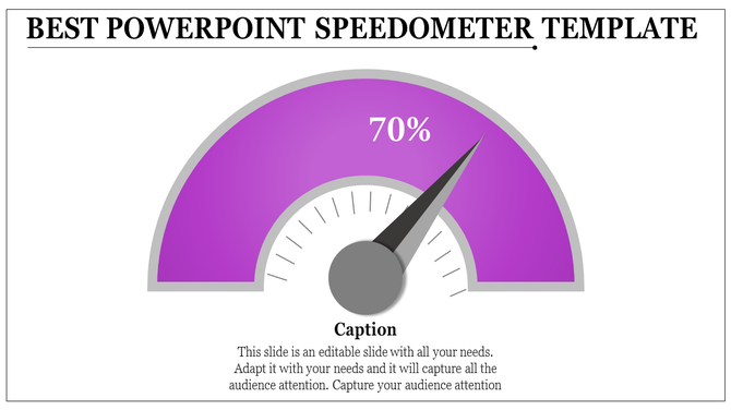 Slide design with a purple semicircular speedometer showing progress at 70 percent and a caption section underneath.