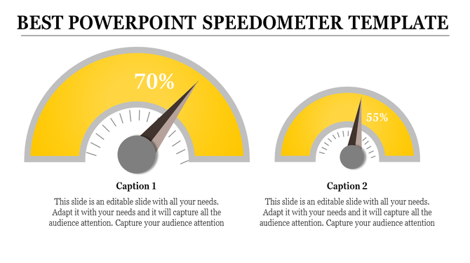 Yellow speedometer design with two semicircular gauges displaying percentages, each paired with captions.