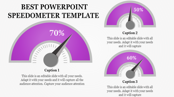 Three purple speedometer graphics displaying 70, 60, and 50 with captions and placeholder text.