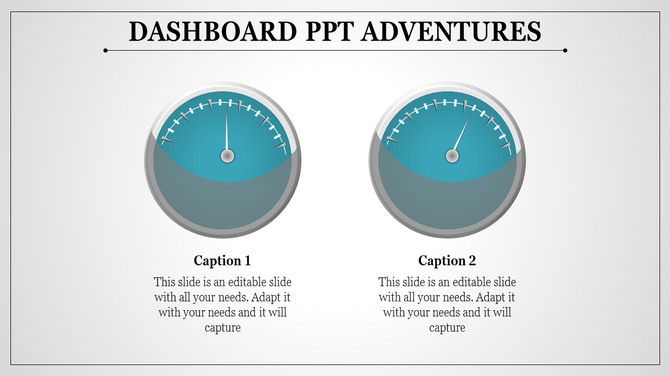 Dashboard PowerPoint slide with two blue speedometer style gauges and two captions.