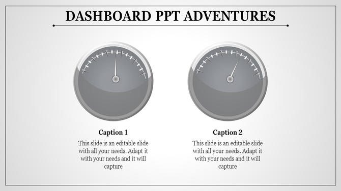 Dashboard themed PowerPoint slide with two gray gauge meters labeled Caption 1 and 2.