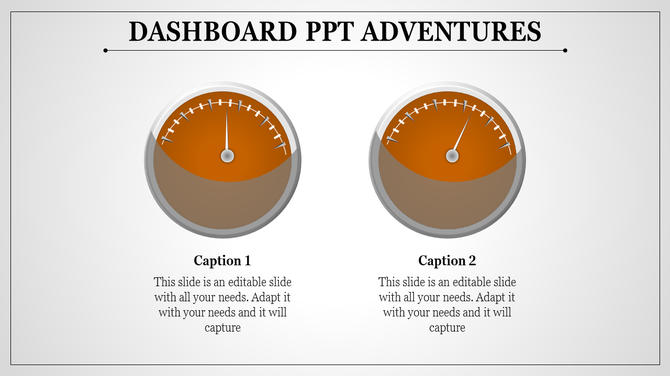 Dashboard slide with two orange speedometer gauges, captions, set on a white background.