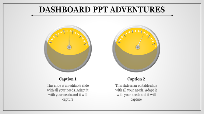 Dashboard themed PowerPoint slide with two yellow gauge meters labeled Caption 1 and 2 with placeholder text.