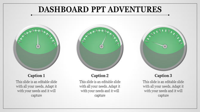 Dashboard PowerPoint slide featuring three green speedometer style gauges, each labeled with captions.