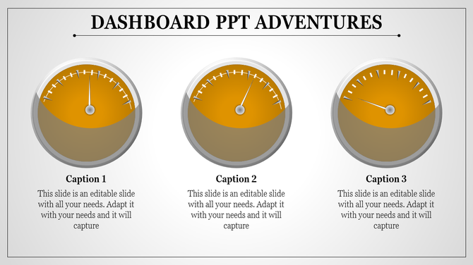 Dashboard themed PowerPoint slide with three gauge meters labeled with captions 1 to 3.
