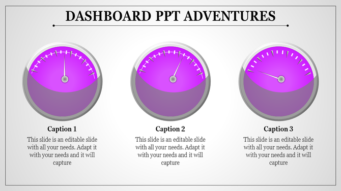Dashboard slide with three purple gauge meters, each labeled with a caption and text below.