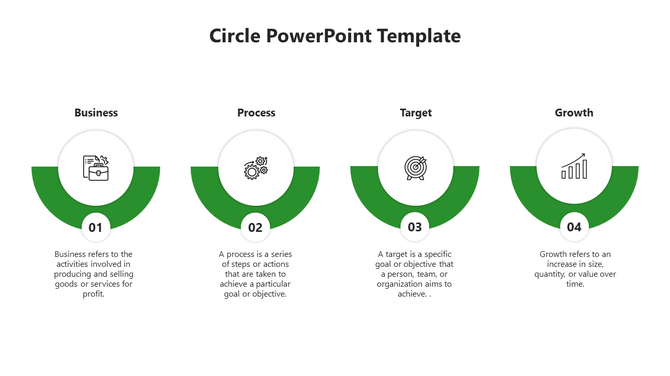 Green circle PPT slide showcasing business, process, target, and growth with icons and descriptive text under each section.