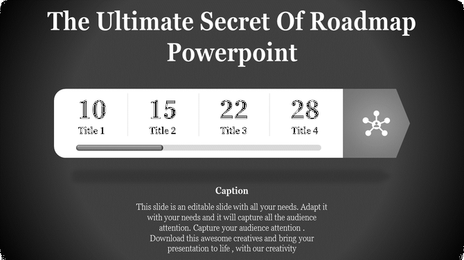 Roadmap PowerPoint slide with four milestones, featuring numbered titles, a progress bar, and a connected node's icon.