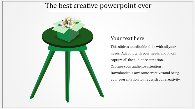 A PowerPoint slide with a green stool and a box with flowers, suggesting creativity and surprise.