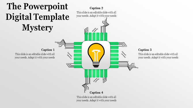 Creative slide with a technology inspired design showcasing a light bulb symbol in the center and circuit patterns.