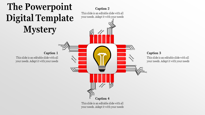 Central light bulb icon surrounded by red circuit like graphics, with four captions, on a white background.