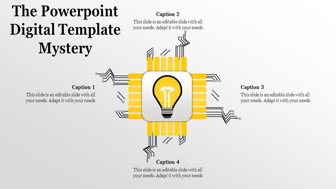Central light bulb icon surrounded by yellow circuit like graphics, with four captions, on a white background.