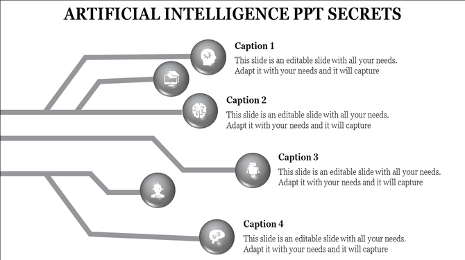 Infographic with gray lines connecting six circular icons depicting AI themes, paired with four captions on the right.