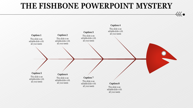 Fishbone diagram PowerPoint slide with red bones and eight captions for problem solving or brainstorming ideas.