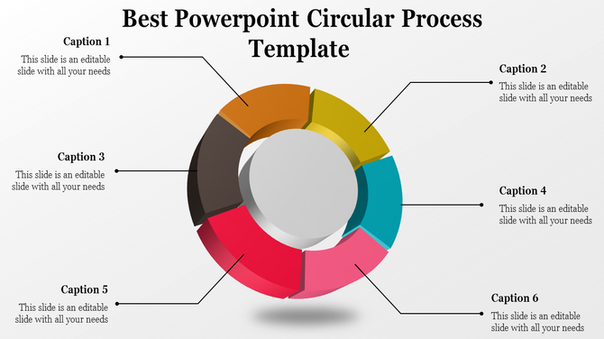 Circular process PowerPoint template with six colorful segments and labeled captions for representing stages or workflows.