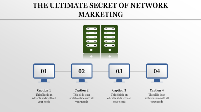 Network marketing diagram featuring a central server connected to four numbered nodes with captions areas.