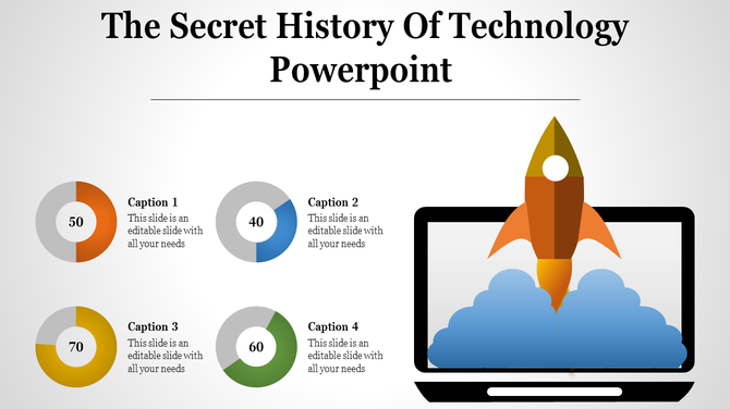 Technology themed slide featuring a laptop with a rocket and four data pie charts with captions areas.