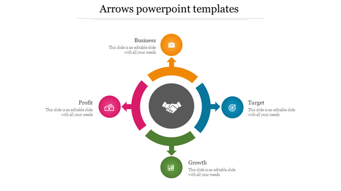 Circular layout with arrows pointing to icons in pink, orange, blue, and green, surrounding a handshake icon.