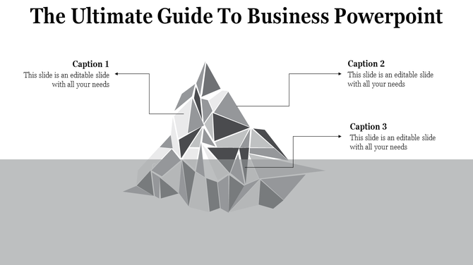 Polygonal iceberg illustration for business in grayscale with three labeled captions placed in a grey backdrop.