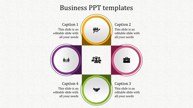 Business template with a central icon and four circular segments in yellow, purple, pink, and green, form a cross layout.