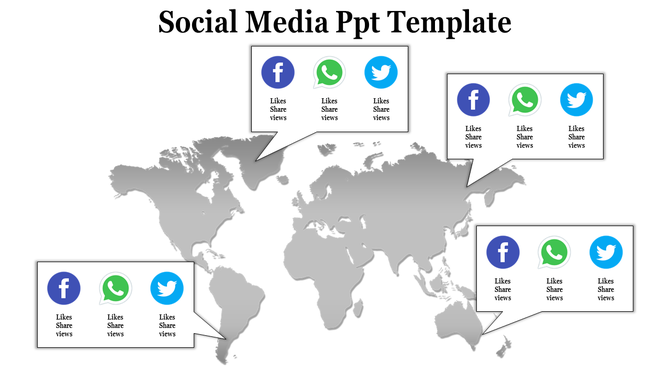 Social media template featuring a gray map background and four speech bubbles with platform icons and data points.