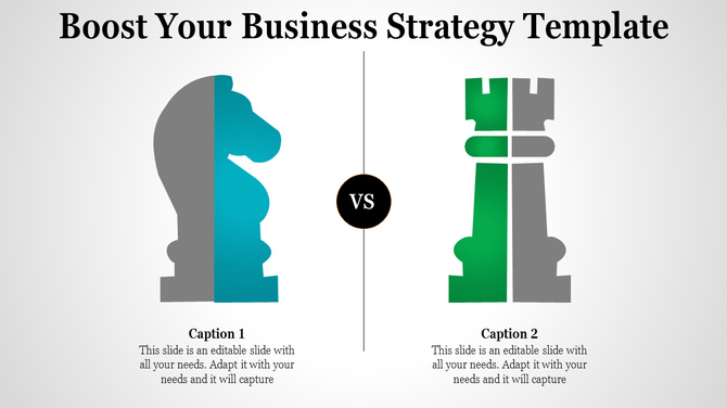 Chess themed business strategy template with knight vs rook visuals and captions.