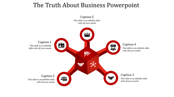 Business PowerPoint template with a central cube and five surrounding icons for various topics with captions.