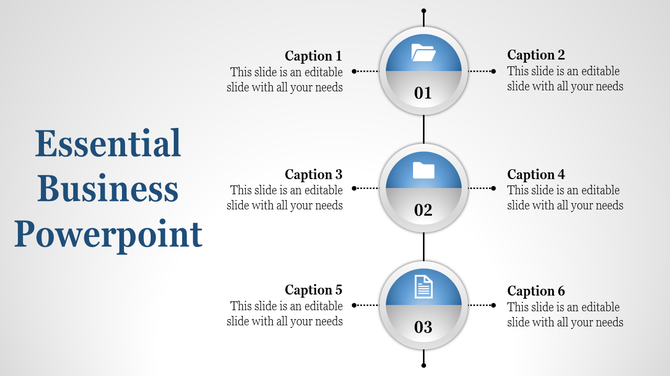 Slide with three numbered blue circles and six captions aligned on both sides of a vertical line.