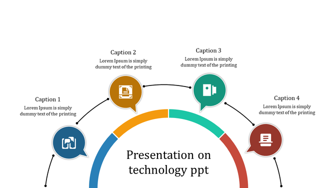 Circular infographic with four icons and captions linked to a semicircular arc in blue, orange, green, and red.
