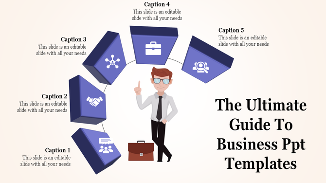 A business PowerPoint slide with icons and a professional standing near a circle of sections.