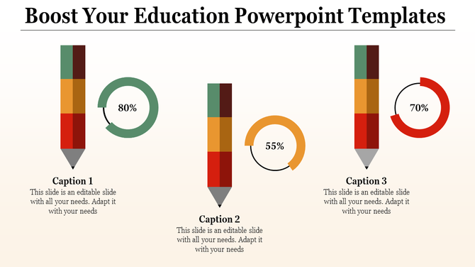 Education themed slide showing three pencils with colored segments and progress bars of 80%, 55%, and 70%.