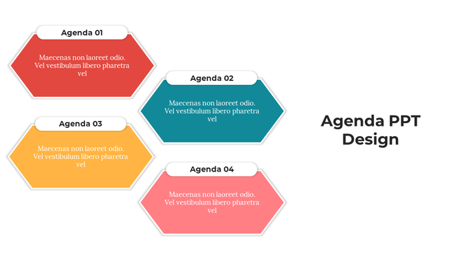 Colorful agenda PowerPoint slide featuring four hexagonal sections with titles and descriptions.