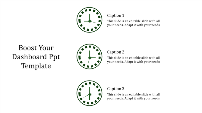 Clock themed Dashboard PowerPoint slide with captions for each section.