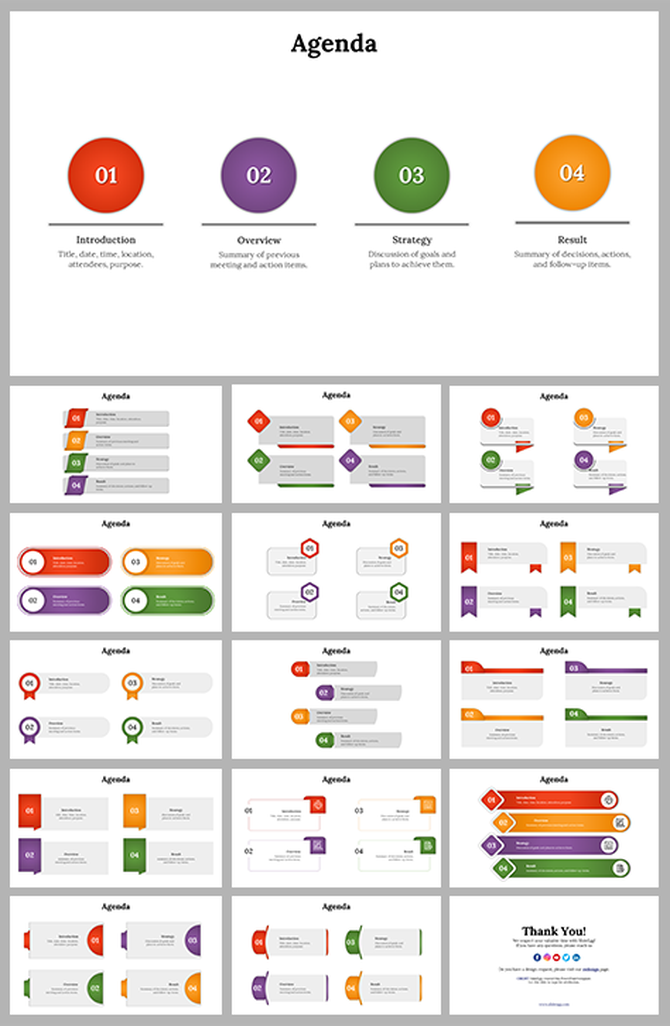 Slide deck showing agenda layout with colorful numbered circles and various design formats in red, green, orange, and purple.