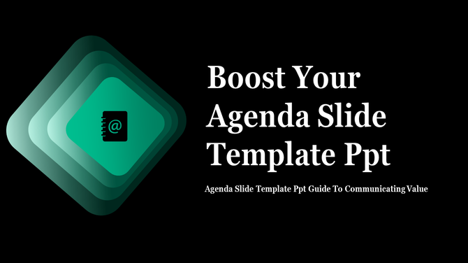 Agenda template image featuring overlapping green diamond shapes and an email icon with additional text below.