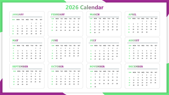 PowerPoint Calendar Slide showing 2026 full-year layout with green month cards, clear date grids, clean design.