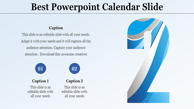 Slide with a large blue stylized number 2, title, a detailed caption, and two numbered icons with captions below.