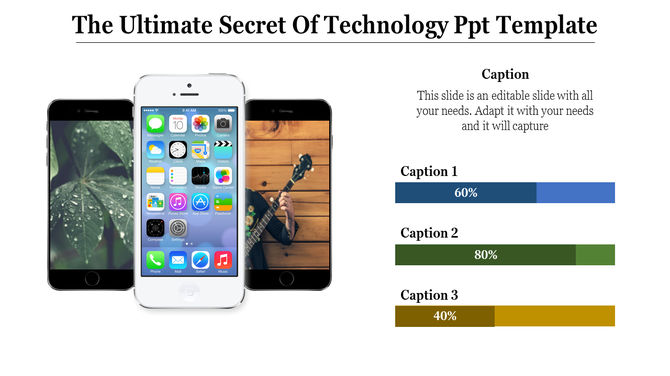 Slide with three smartphones displaying apps and photos, a caption, and three horizontal progress bars below.