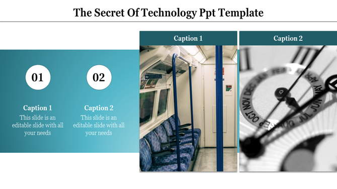 Technology-themed slide with metro interior and close-up of a watch face with placeholder text areas.