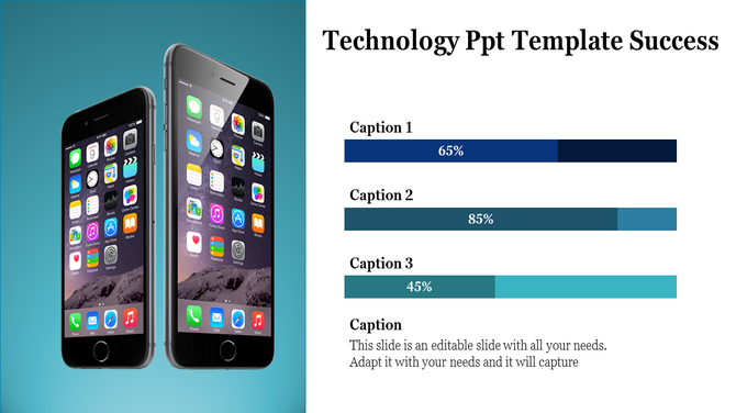 Technology slide highlighting smartphones and horizontal progress indicators with captions areas in a white backdrop.