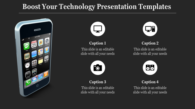 PowerPoint slide with technology icons, including a mobile phone, desktop, camera, and speakers on a dark theme.